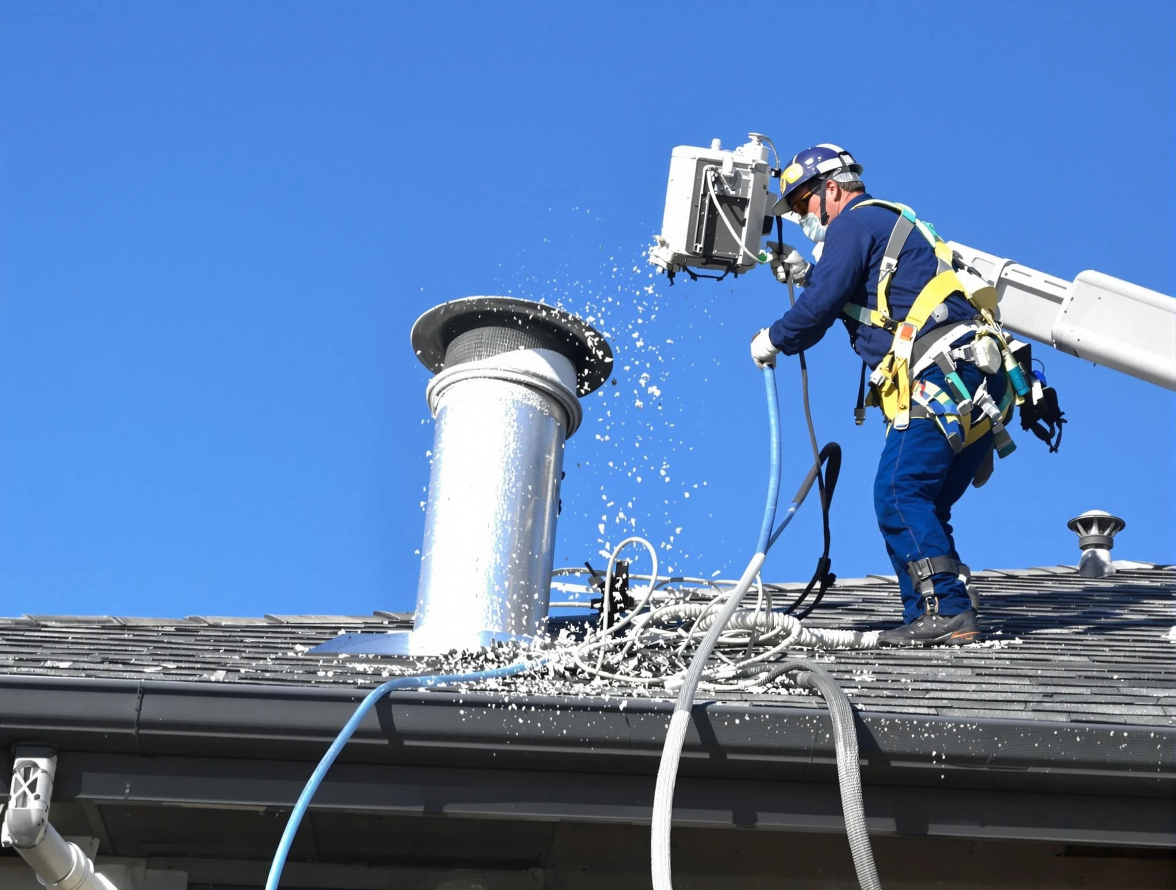 Fultondale Dryer Vent Cleaning certified technician safely cleaning a roof-mounted dryer vent in Fultondale