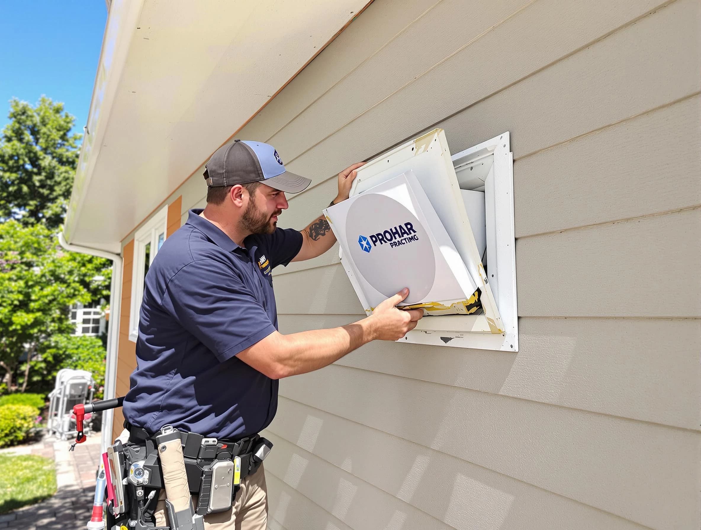 Fultondale Dryer Vent Cleaning technician installing a new protective dryer vent cover on a home in Fultondale