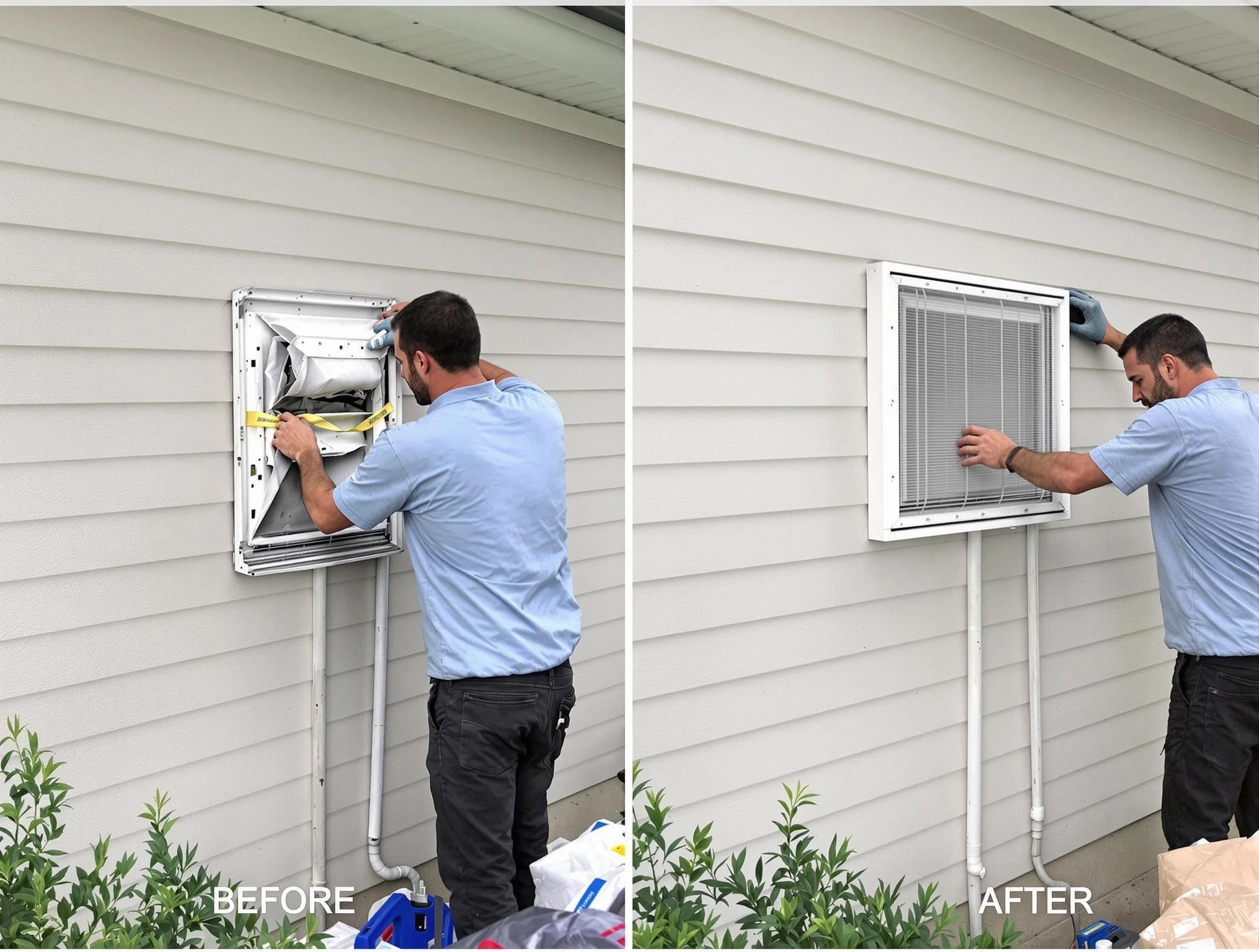 Fultondale Dryer Vent Cleaning technician installing high-quality dryer vent cover at a residential property in Fultondale